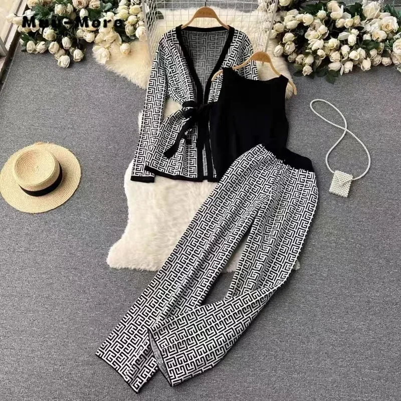 Vintage Elegant Style 3 Piece Set Women Loose Cardigan + Black Vest + Elastic Waist Pants Casual Luxury Three Piece Dress Set