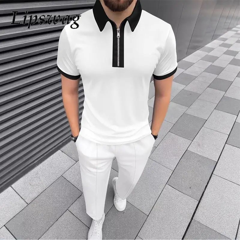 

Fashion Contrast Color Short Sleeve Polo Shirt And Pants Sets Men Two Pieces Outfits 2025 Summer New Casual Patchwork Mens Suits