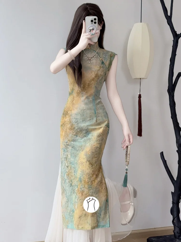 

Ele Young Girl's Svel Qipao, новый китайский Sle 2025, дышащий длинный длинный платок с цветочным принтом и низким разрезом, повседневная одежда, тонкий...