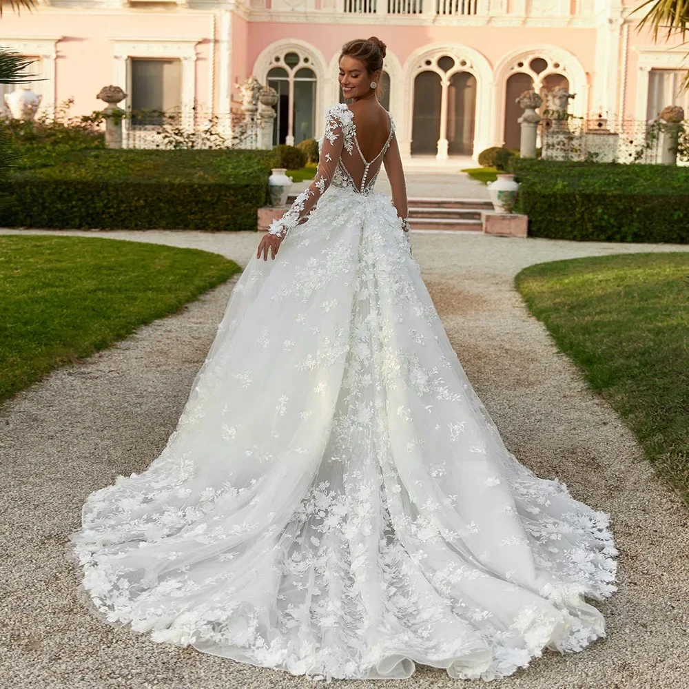 Beads Sequins Appliques Lace 3D Flowers Long Sleeve 2 Pieces Mermaid Wedding Dress With Detachable Train Vestido De Noiva Sereia