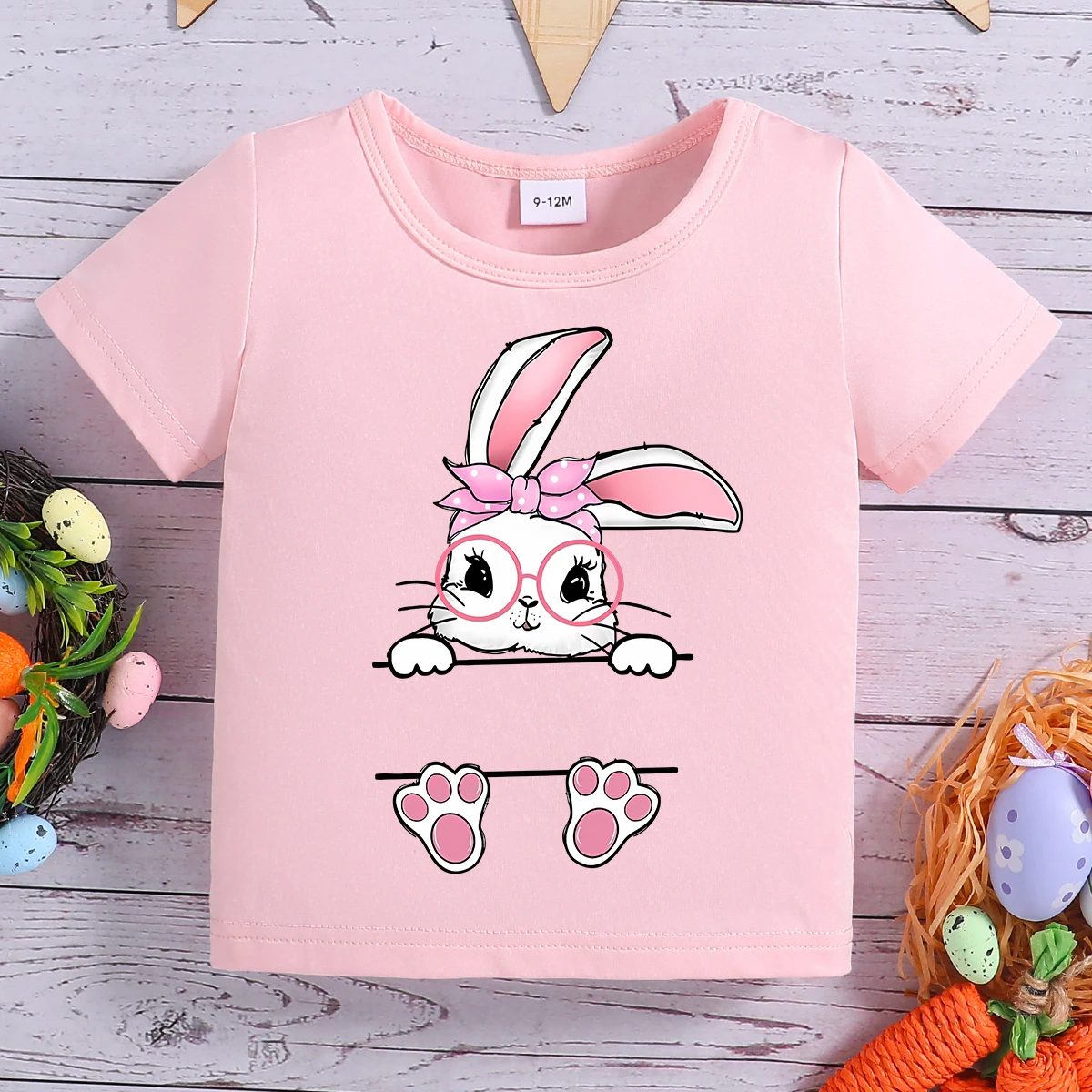 Summer Girls T-Shirt Round Neck Short Sleeved Cartoon Rabbit Letter Pattern Multiple Tops For Baby Toddler