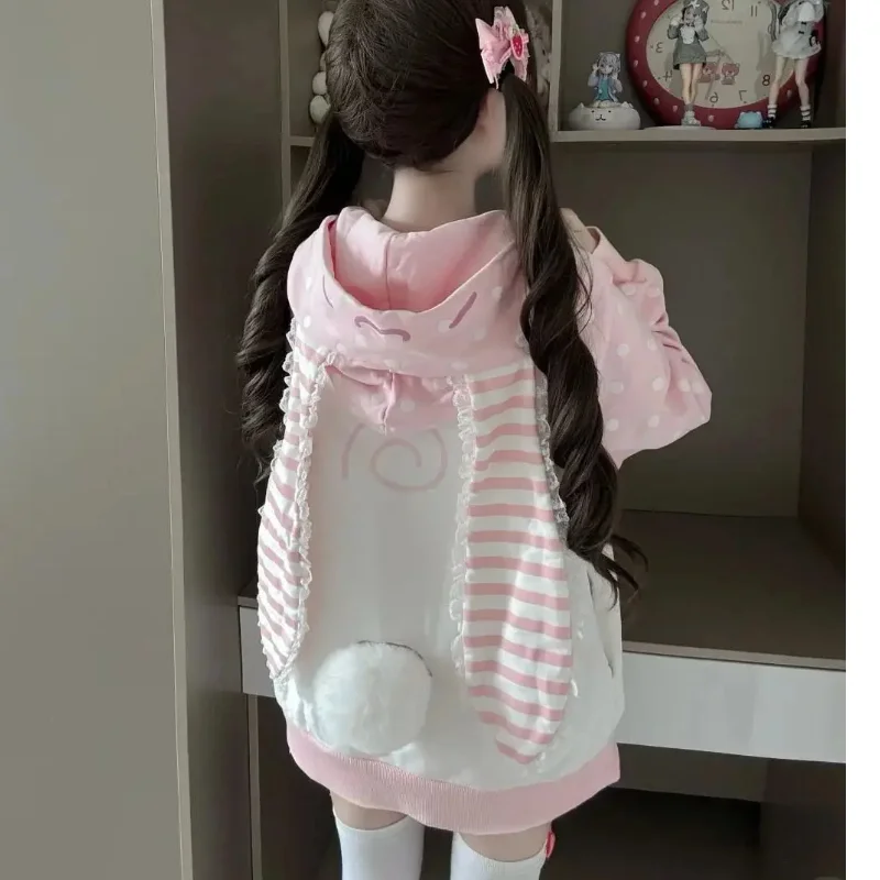 Sudadera japonesa con capucha y hombros descubiertos para Mujer, cárdigan holgado con orejas a rayas, Sudadera para Mujer
