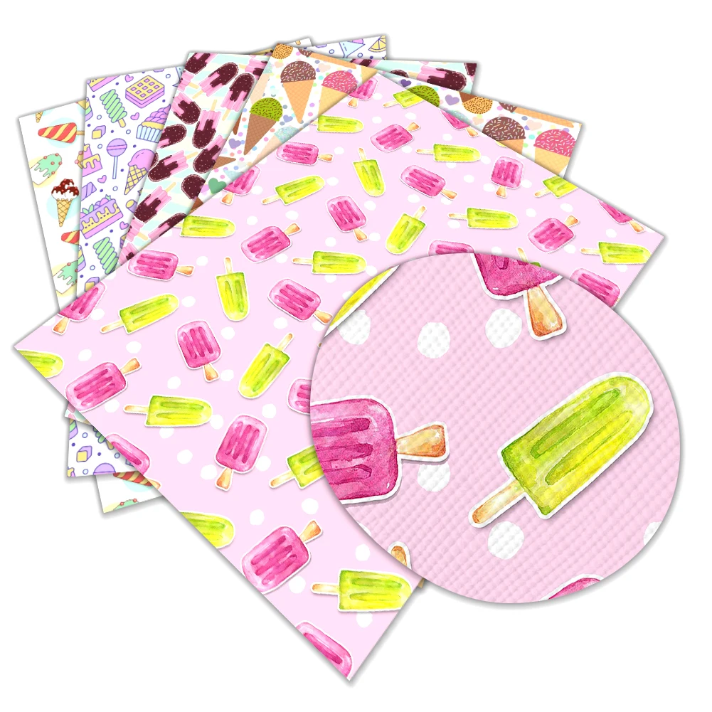 Summer Ice Cream Print Pattern Faux Leather Vinyl Synthetic Leather Cross Grain for DIY Hair Bow Jewelry Earring Craft Making