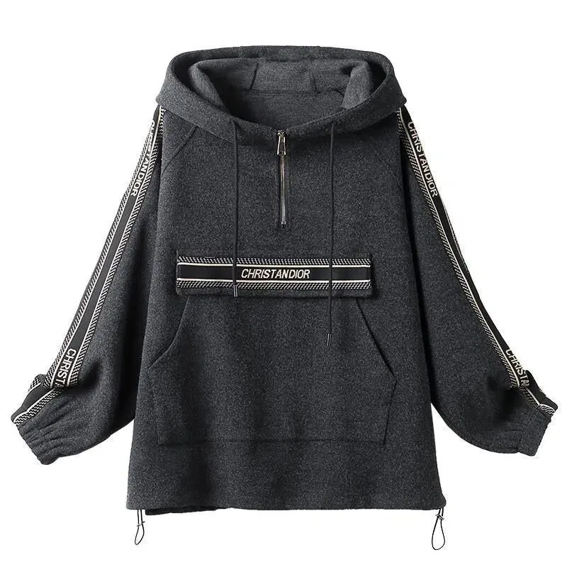 2024 Women\'s Autumn Winter Zipper Hoodies Women New Fashion Thick Hooded Top Coat Stitching Loose Sweater Sweatshirt Female