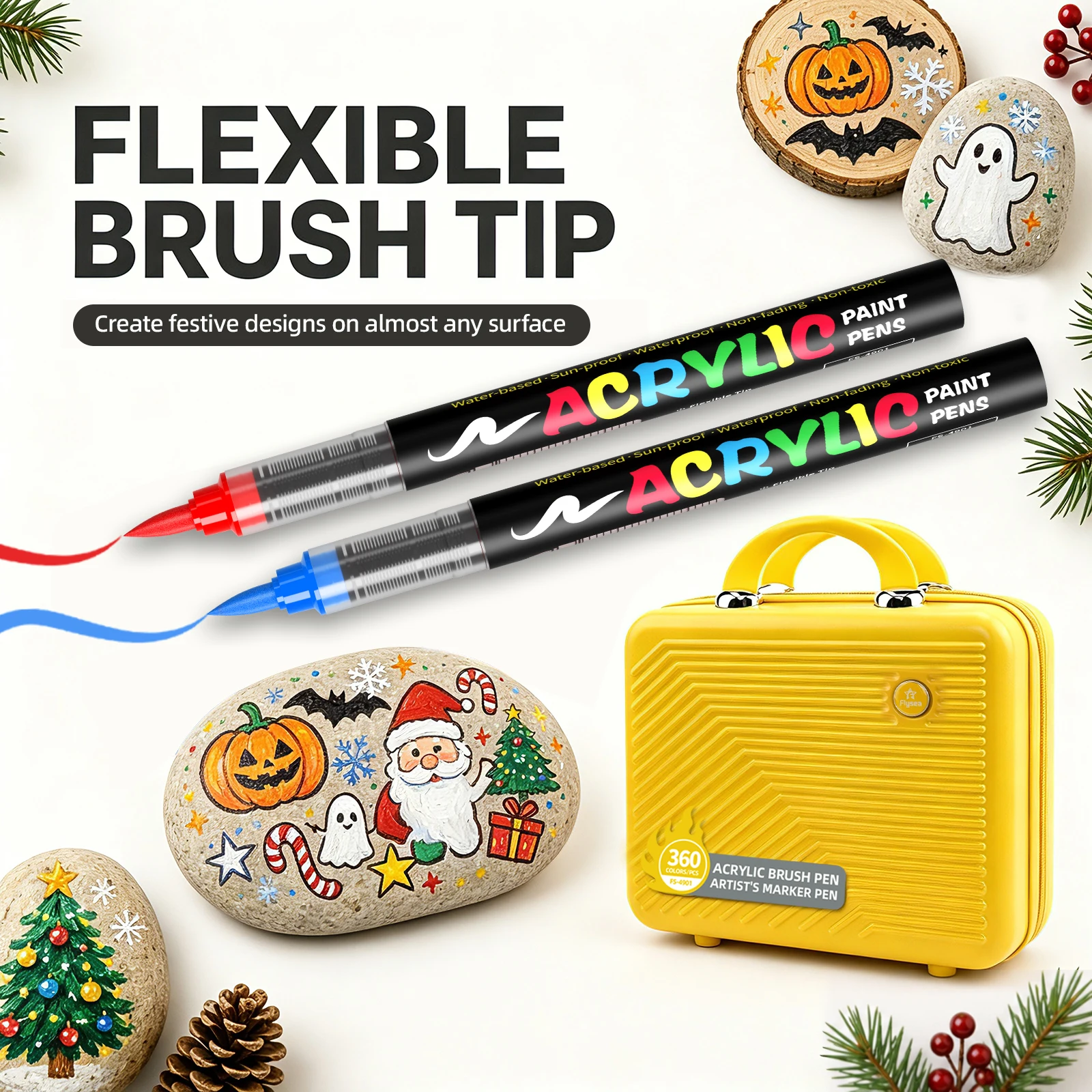 1 Piece of 360-Color Yellow Suitcase-Style Direct Liquid Soft-Tip Acrylic Marker Pen for Students, Opaque and Blendable Watercolor Pen, High-Quality Art Student DIY Colored Drawing Pen