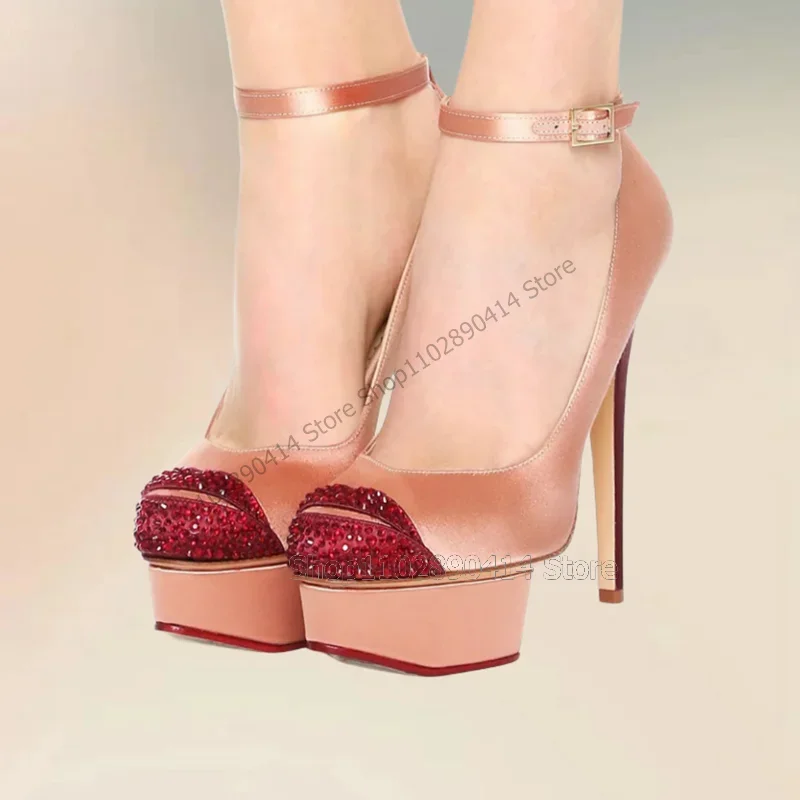 

Crystal Lip Design Beige Round Toe Platform Pumps Ankle Buckle Strap Women Shoes Thin High Heels Novel 2023 Zapatos Para Mujere