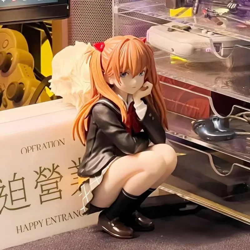 15cm Anime Girl Asuka Academic-Style Squatting Action Figure Collectible Model Toy for Desktop PC Case Decoration Gift