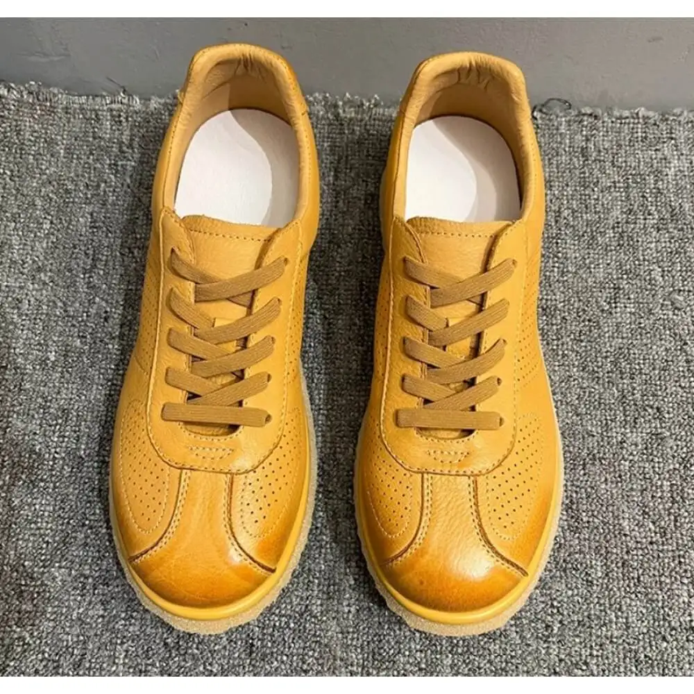Warm Yellow Perforated Leather Casual Sneakers, with gum-like thick sole, breathable and stylish,