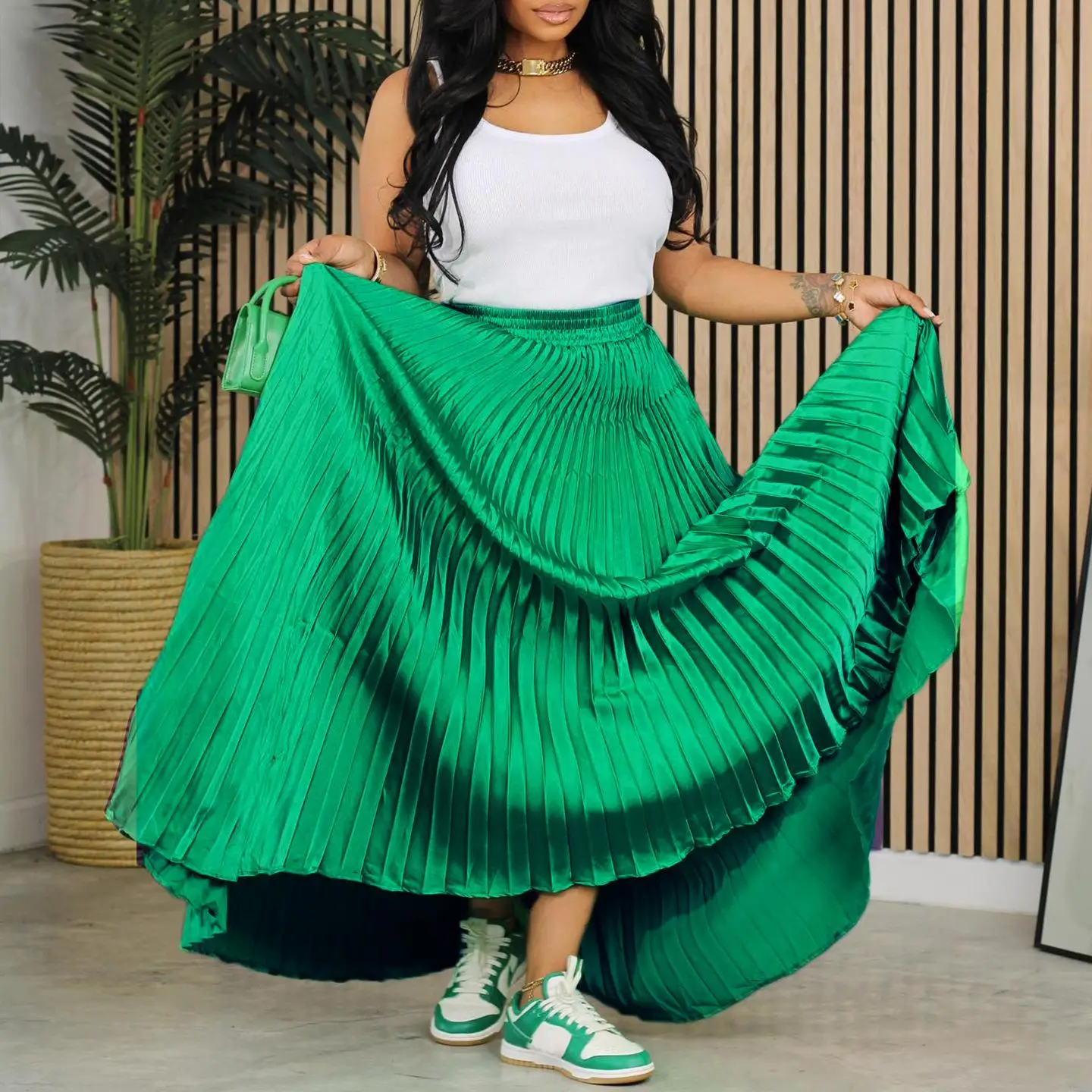 

Ele plus Size Midi High Waist Pleated Skirt Long Skirt Pure Color Independent Station Women's New Sle Spring Season Pol...