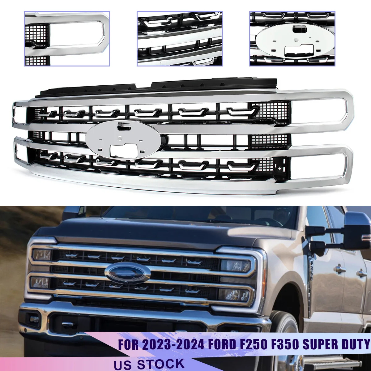 

Front Grille For 2023-2024 Ford F250 F350 F450 Super Duty Platinum Style Chrome Front Bumper Grille Modified Grill Accessories