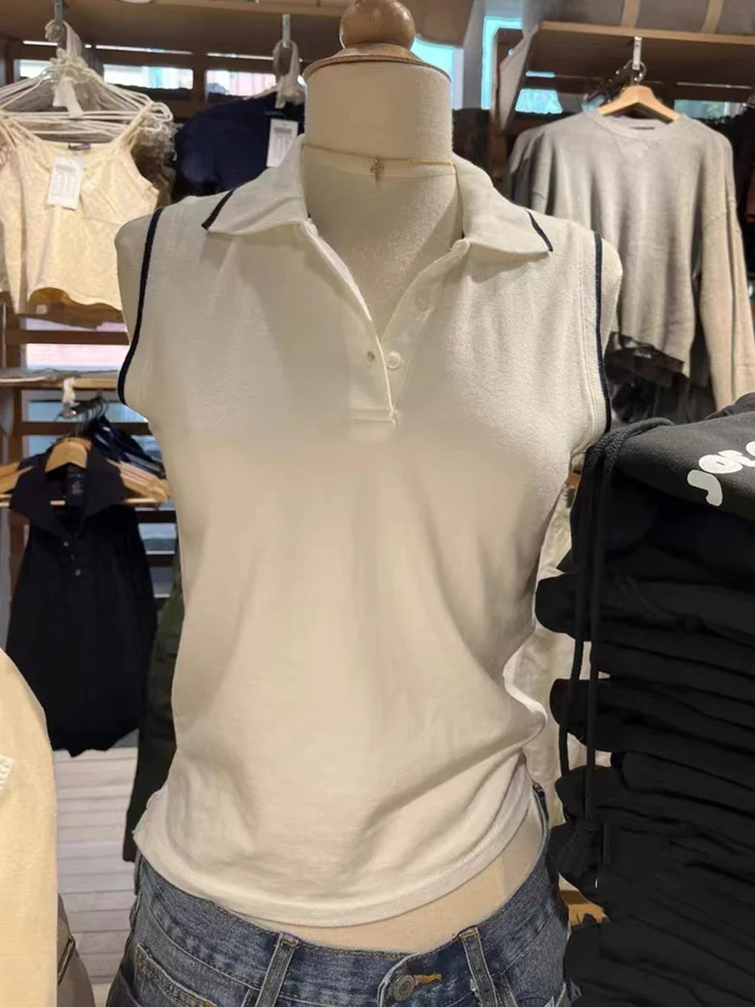 เสื้อกล้ามผู้หญิง แขนกุด คอปกติดกระดุม สไตล์ลำลอง น่ารักหวานๆ สำหรับฤดูร้อน ทรงเข้ารูป ผ้าฝ้าย ใส่สบายๆ สไตล์ Preppy ทันสมัย