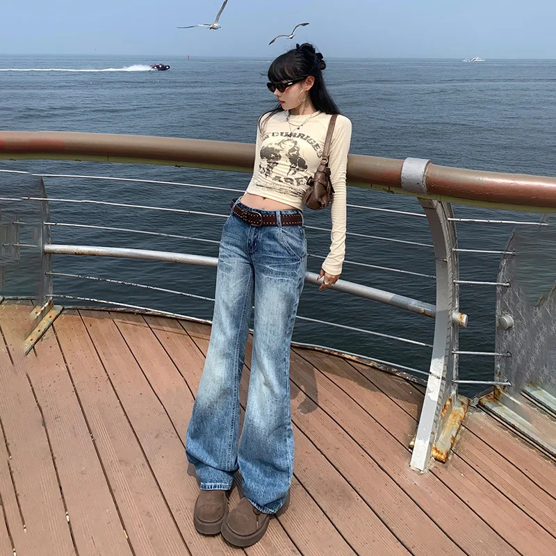 

American Retro Low-waisted Micro Flare Jeans. Ladies' Four Seasons New Fashionable and Versatile Hot Girl Floor-length Jeans