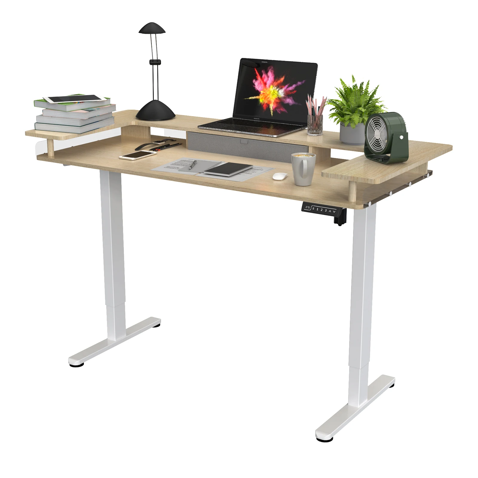 Height Adjustable Extendable Standing Desk Fabric Drawer Anti-slip Acrylic Baffles Modern Electric Double Desktop