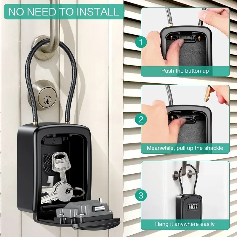 4 Digit Code Box Free Installation Outdoor Password Key Box Extended Locking Hook Steel Wire Hanging Key Storage Waterproof Key