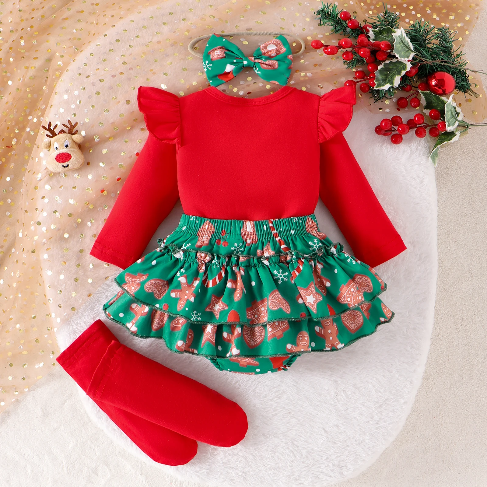 4PCS New Autumn Style For 0-1 Year Old Girls, Comfortable And Fashionable Christmas Letter Printed Clothes + Plaid Pants Set