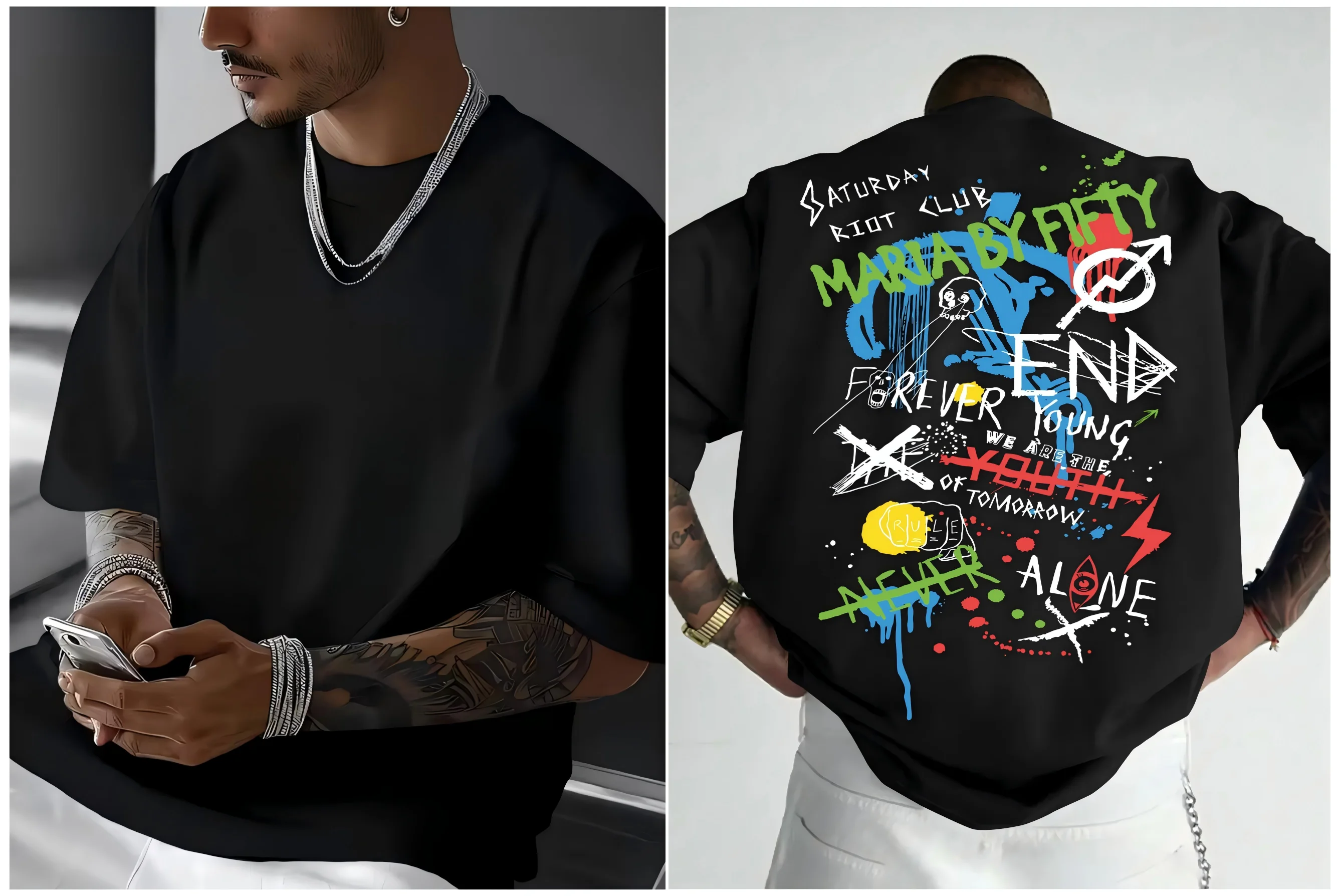 New men's short-sleeve T-shirt, loose-fitting and tailored with printed designs, versatile basic crew-neck top suitable for spri