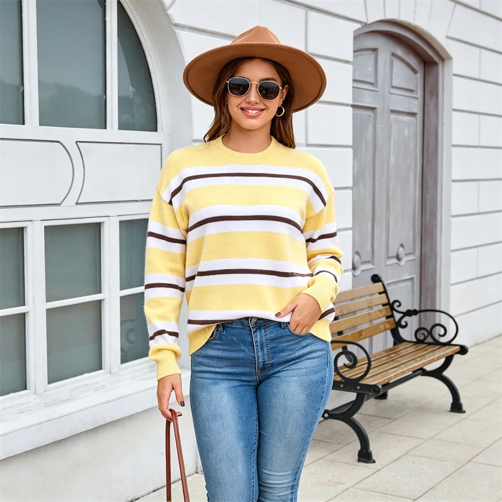 MsChuh Women's Sweaters And Pullovers Color Block Striped Round Neck Sweater Long Sleeve Relaxed Knit Top Ropa Mujer Chic Wear