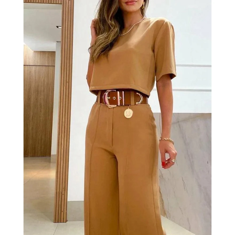 Casual Fashion Women Half Sleeve Crop T-shirt Wide Leg Pants Set Summer Femme Office Lady Two Pieces Suit Set Workwear Outfits