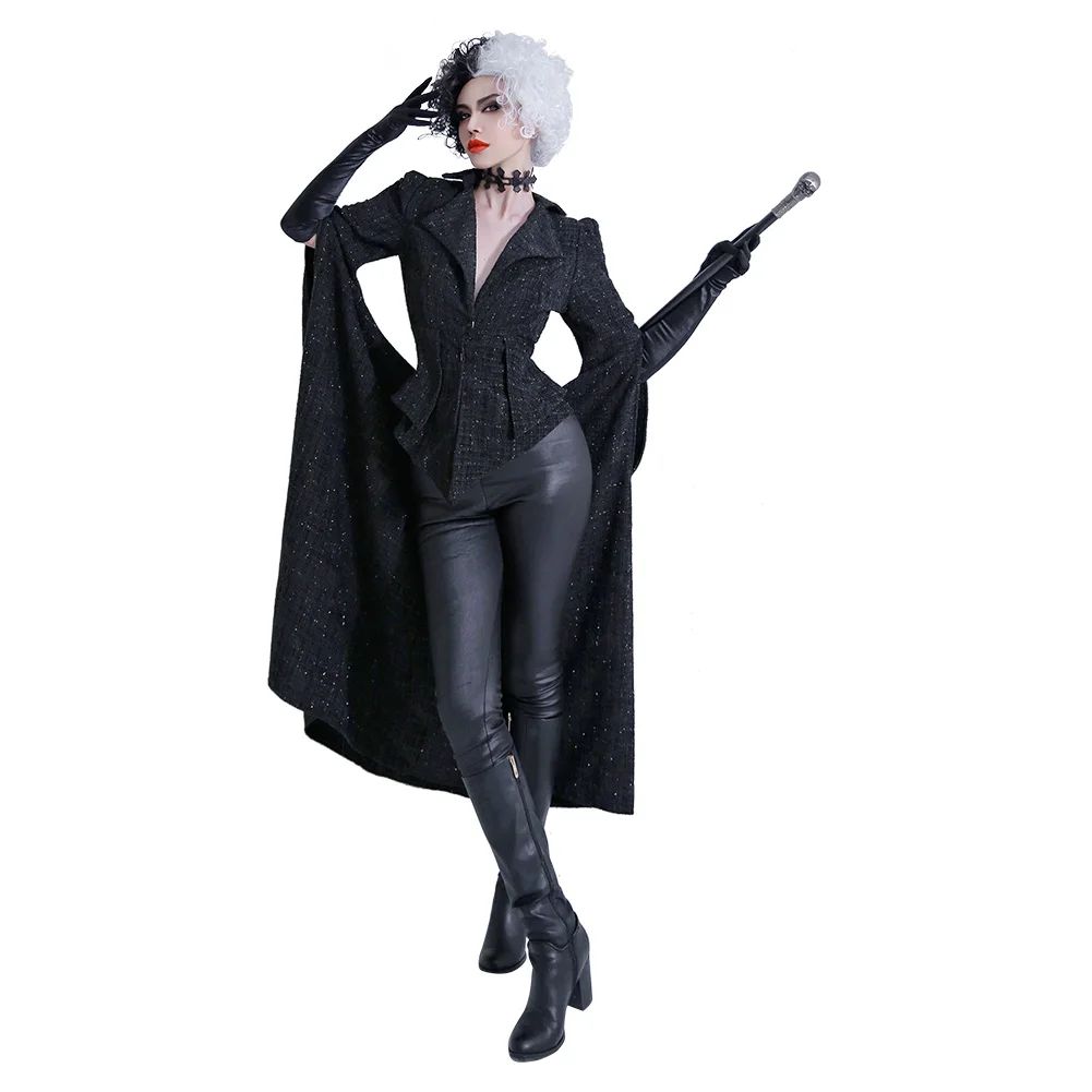 Disfraz de Cruella para mujer adulta, abrigo negro, peluca, trajes, Halloween, Carnaval, juego de rol, ropa de mujer