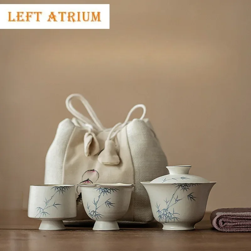 

Japanese Powder Yin Hand-painted Bamboo Tea Set Kit 1 Pot 2 Cups Tea Making Outdoor Portable Travel Tote Cloth Bag Accessories