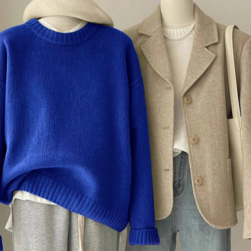 

Осень/зима утепленный свободный свитер с длинными рукавами женский пуловер с круглым вырезом вязаный свитер женские мягкие топы повседневные универсальные