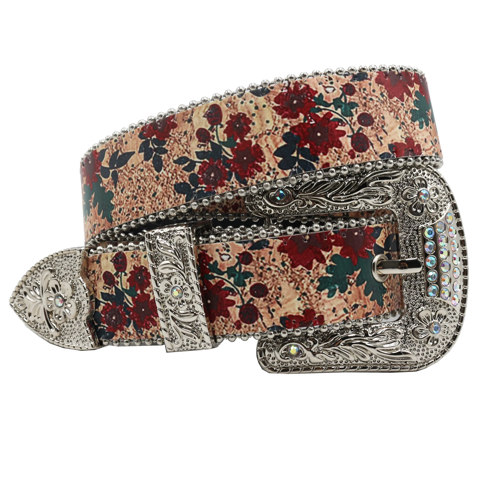 Brand Y2K Belt Leather Elastic Binding Embellished Waistband Sparkling Red Flowers Print Rhinestone Decoration Accessories