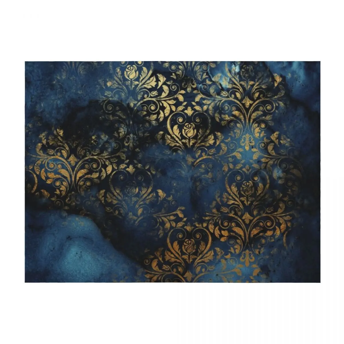 

Indigo Blue Shiny Gold Damask Throw Blanket Designers Nap Flannel Fabric christmas gifts Blankets