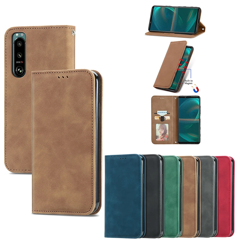 for Sony Xperia 10 8 5 1 L4 IV III II Phone Case PU Leather Plain Color Stand Wallet Card Cover Soft Matte Shell Antifall Fundas