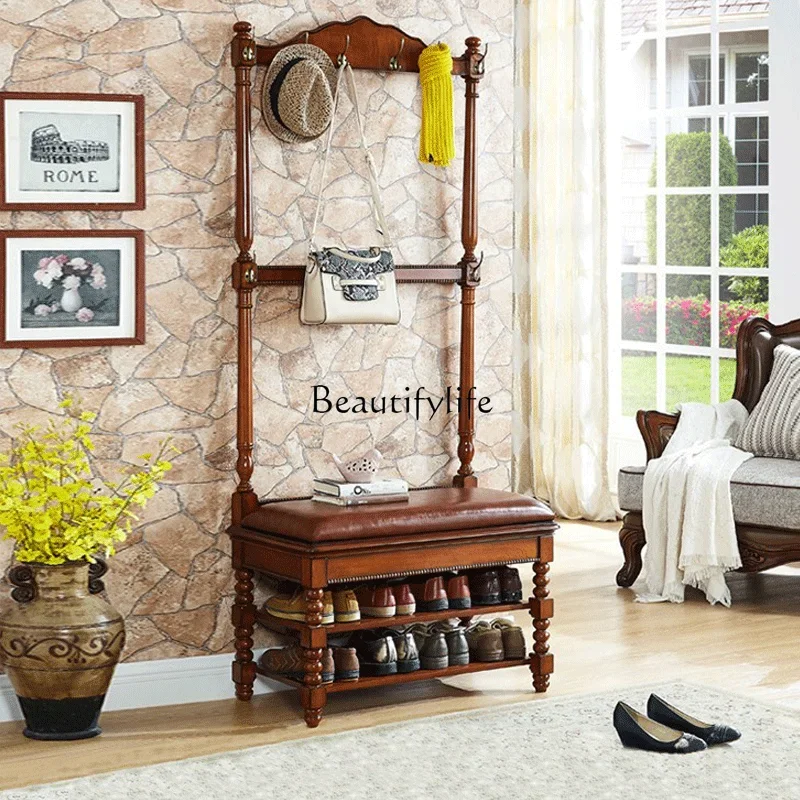 

ls 18American solid wood hanger floor-to-ceiling European coat rack foyer upholstered shoe changing stool