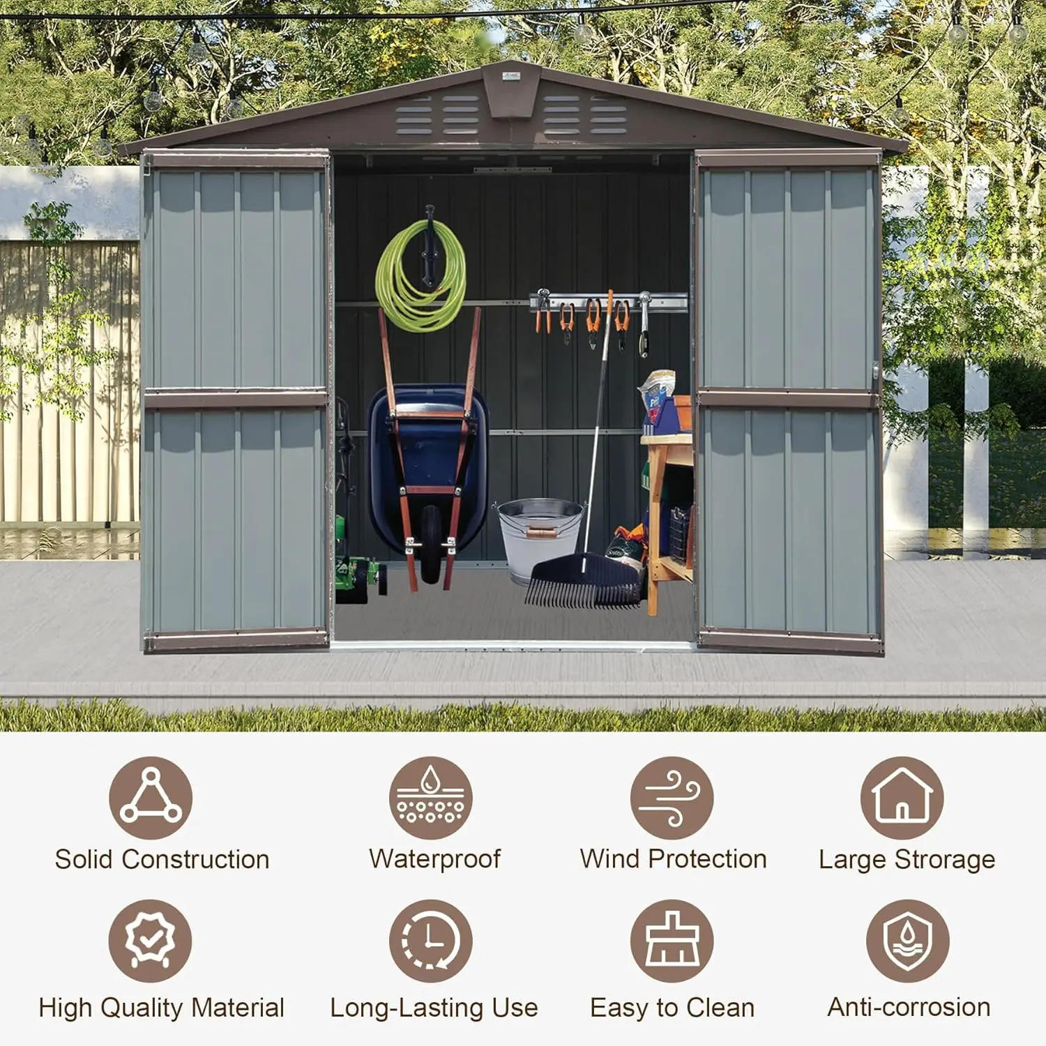 Metal Storage Shed 8.2x6.2 FT with Lockable Double Door Waterproof Large Outdoor Garden Backyard Lawn, Customized - view 6