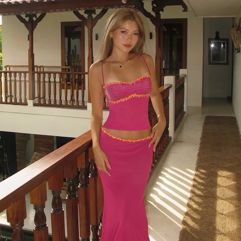 Ensemble Corset Court Perlé Halter et Mini-Jupe Moulante, Jupe Sirène en Dentelle Dos Nu, Tendance Sexy pour Vacances et Fêtes à la Plage