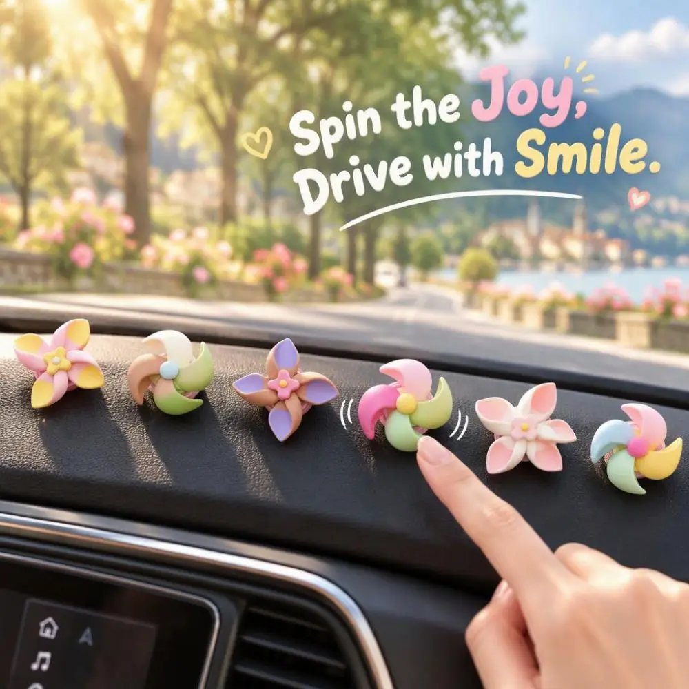 6 Pcs Cute Macaron Rotating Windmill Car Decor Stickers, 3D Cartoon Auto Interior Decals for Dashboard Door Mirror