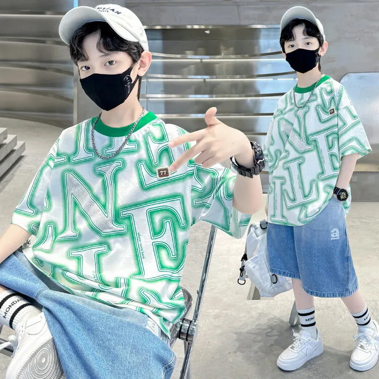 

Summer Cool Boys Fashion Letter Print Round Neck Tees Children's Tops 2 Color Cotton T Shirts Loose Clothes For Teenager Costume