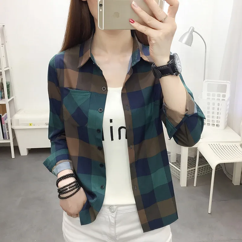 UHYTGF Spring Summer Shirt Women\'s Long-Sleeved Plaid Thin Tops Female Single Breasted Casual Students Shirts And Blouses 2471