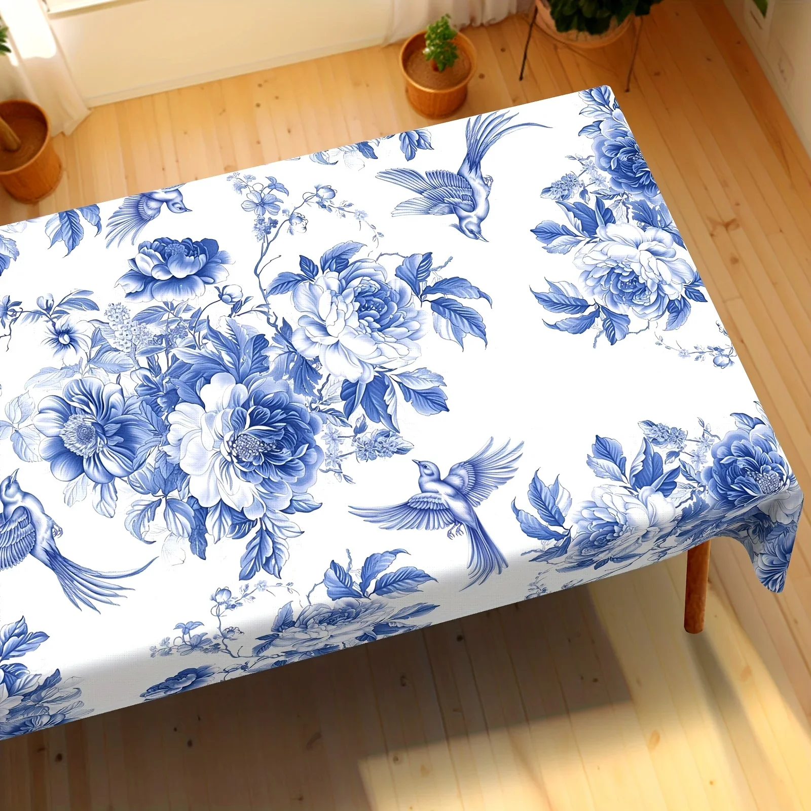 One piece, elegant floral and bird pattern tablecloth, country-style blue and white tablecloth, polyester fiberxzj