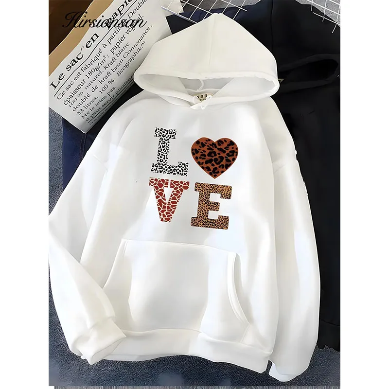 Hirsionsan-moletom com letras de amor feminino macio, casual, solto, quente, com capuz feminino, velo, roupas femininas, inverno, novo, 2023