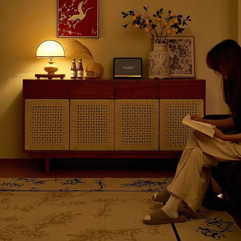 Medieval solid wood dining side cabinet, living room, household wall locker, simple modern storage, tea cabinet, small apartment