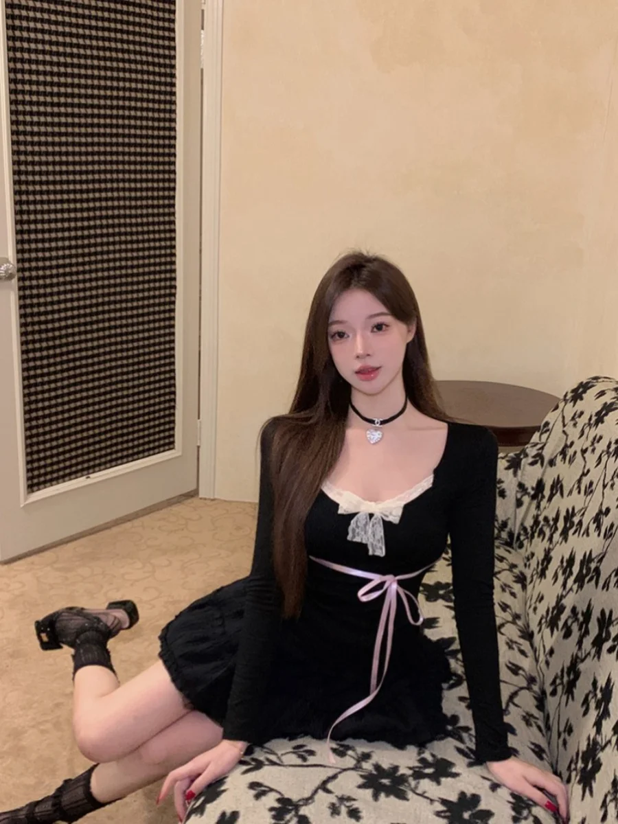 Bla Lace  Knot T-irt Women's Spring 2024 New Slimming Base irt Top Square Collar Long Sve Polyester Cotton