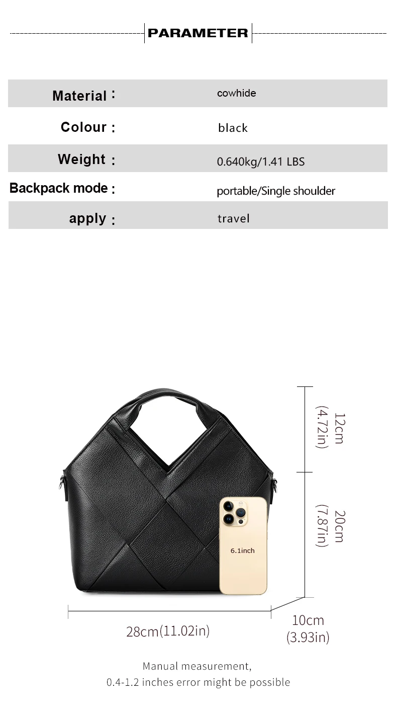 Aidrani Damen-Handtasche aus echtem Rindsleder, schwarz, gewebtes Karodesign, Schulter- und Umhängetasche – Detail 4