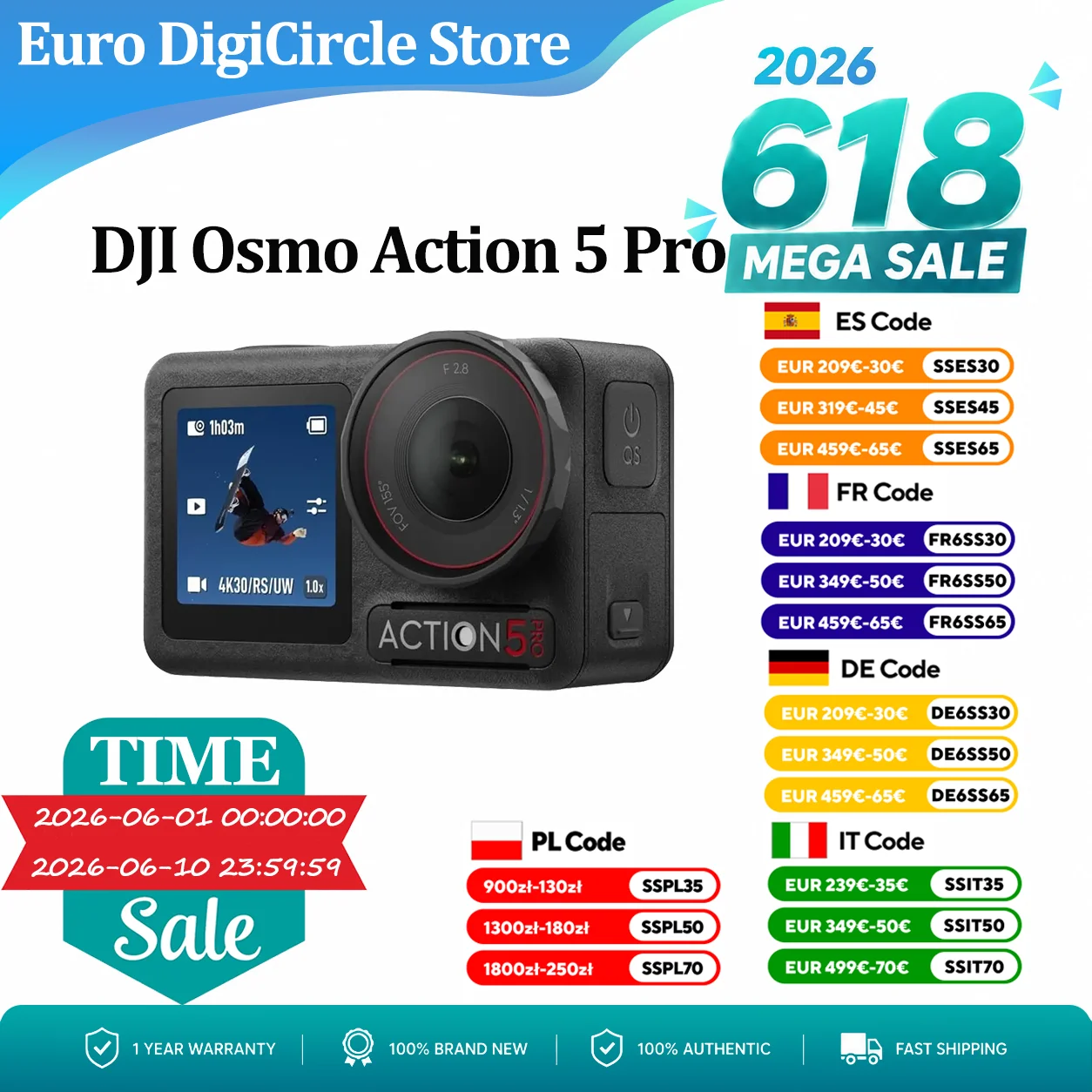 Cámara de Acción DJI Osmo Action 5 Pro 4K/120fps, Cámara Deportiva Resistente al Agua con Sensor de 1/1.3 Pulgadas, 4 Horas de Duración de Batería, Video HDR, Pantallas Táctiles Duales para Vlogging, Buceo y Esquí