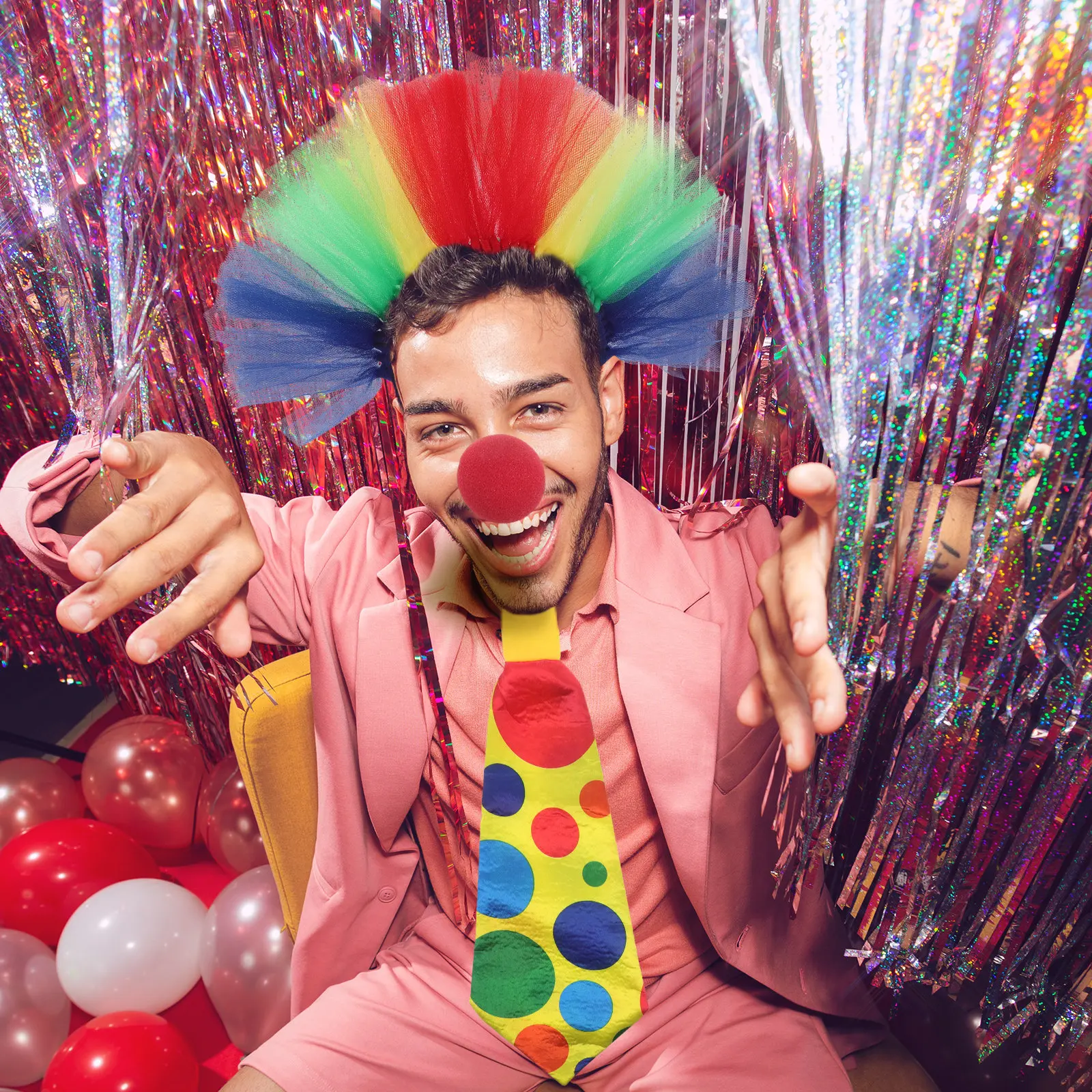 Clown Nose Set with Rainbow Headband and Colorful Tie for Birthday Party, Circus Costume, Comfortable Fun Accessory