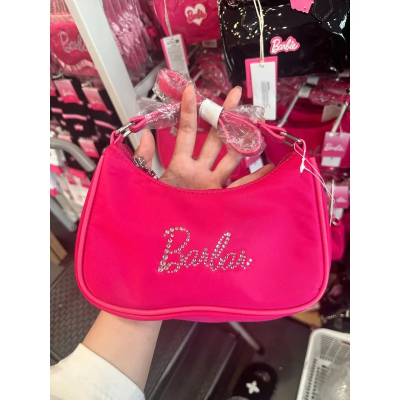 Miniso Barbie Handbag Fashion Underarm Phone Pouch Pink Single Shoulder Bag Girl Zipper Carrying Purse Gift for Good Friends