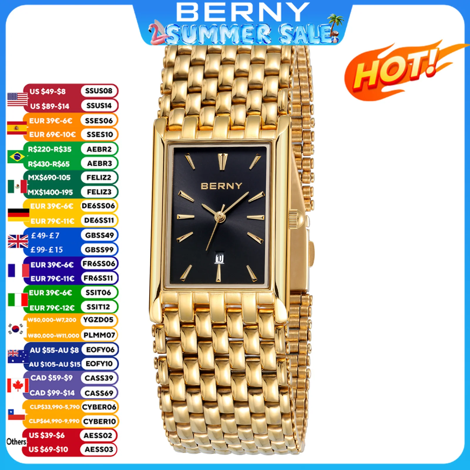 

BERNY MIYOTA Quartz Watch Men Luxury Brand Men's Wristwatch Water Resistant Square Clock Stainless Steel Golden Man Watch 2023