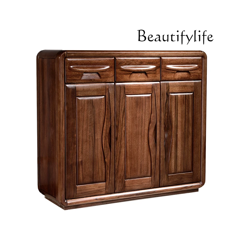 Nordic Minimalism Black Walnut Wood Three-Door Shoe Cabinet Household Modern Light Luxury Front Door Storage Cabinet