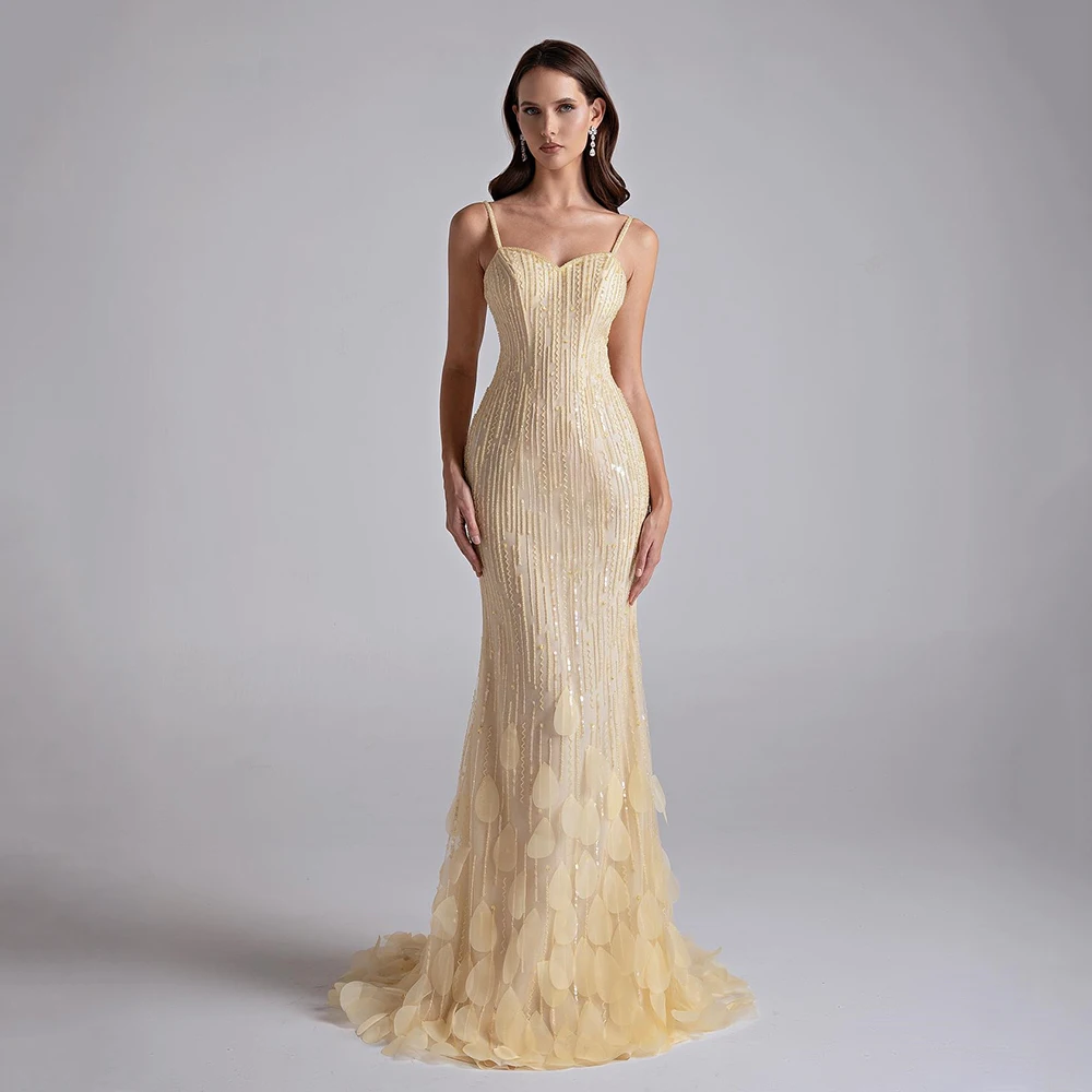 Sukienka wieczorowa na ramiączkach spaghetti, żółta, z aplikacjami z cekinów, bez rękawów, sukienka na imprezę, syreni krój, długa do podłogi, suknia balowa.