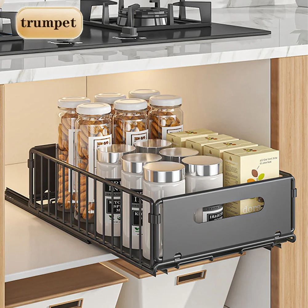 Pull Out Cabinet Organizer Expandable Kitchen Drawers Heavy Duty Slide Out Storage Basket With Adhesive Film Under Sink Cabinet