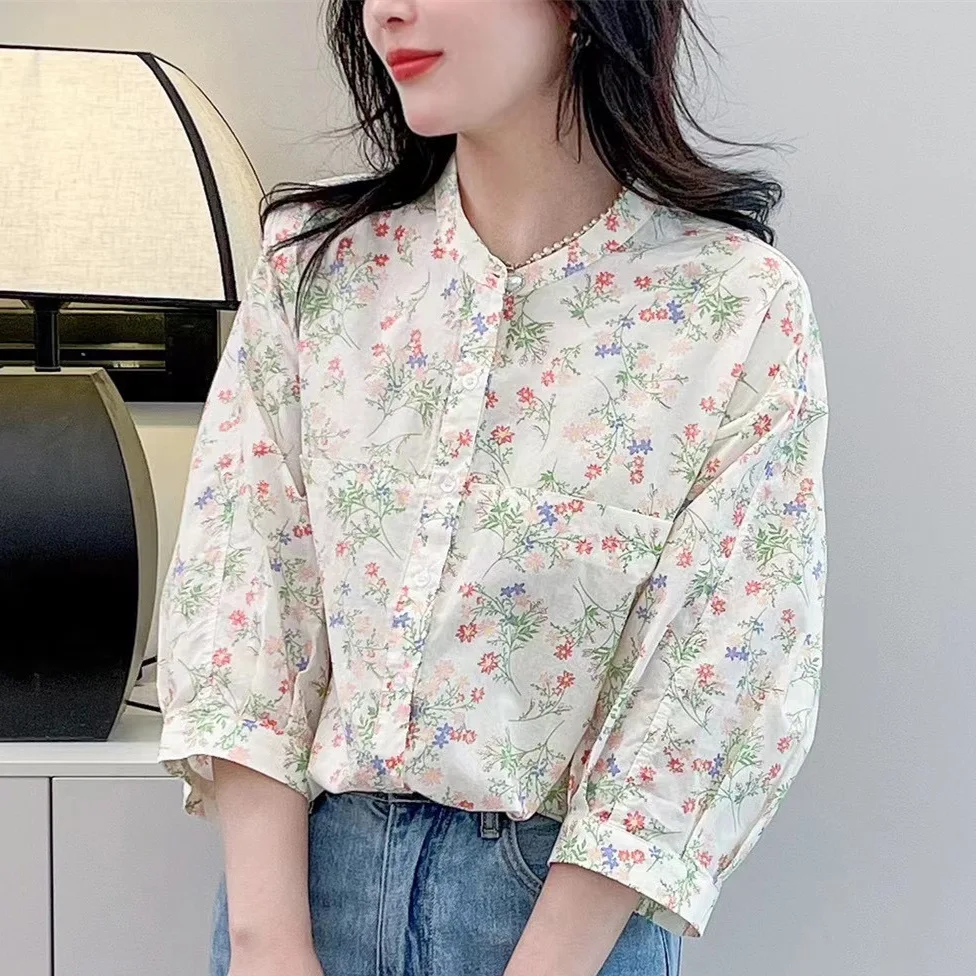 New Spring Cotton Sweet Shirts Women 3/4 Sleeve Floral Printed Tops Girl Casual Loose Elegant Blouses 2024 Summer T44391QM