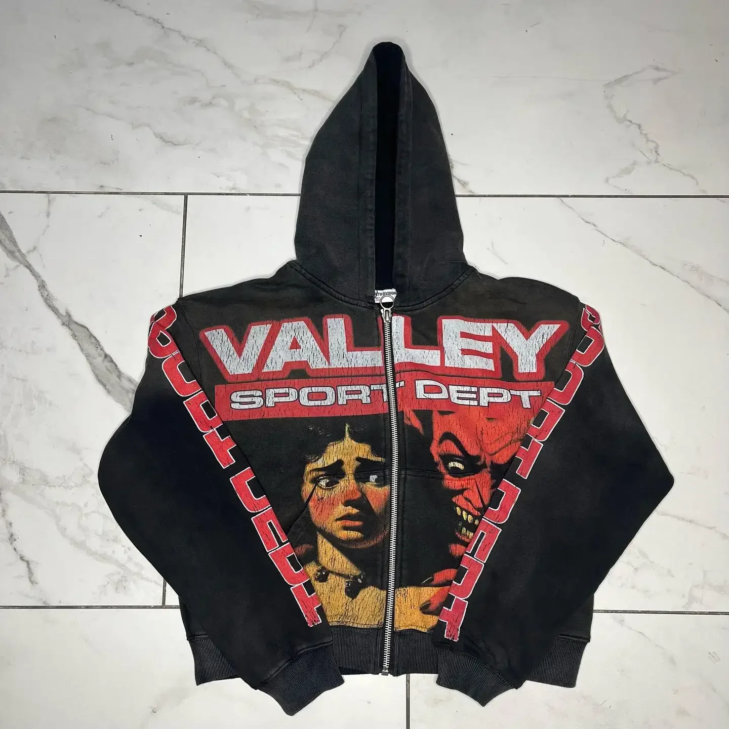 سترة بغطاء للرأس مطبوعة بنمط حروف بسحاب أمريكي Y2K ملابس رياضية للشارع كاجوال ريترو سوبر داليان هوديي ملابس رياضية للرجال