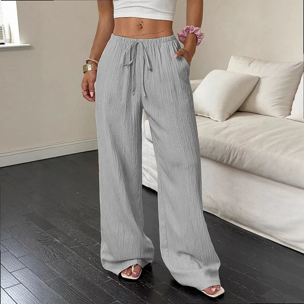 Women Casual Solid Texture Tie Waist Side Pocket Wide Leg Pants Summer Jumpsuit Playsuit