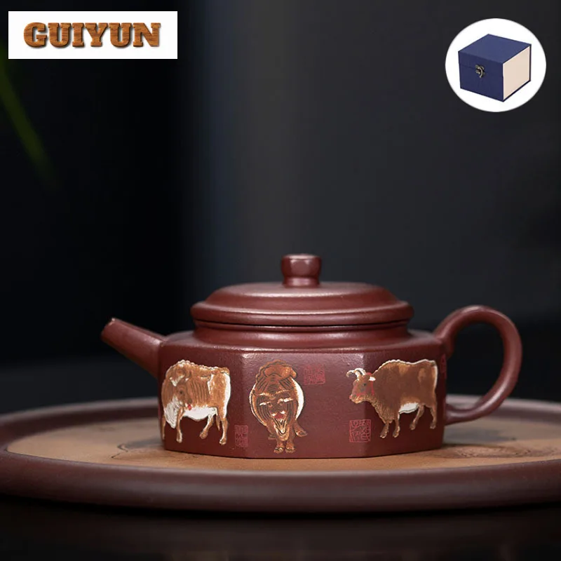 

200ml Antique Yixing Purple Clay Teapot Handmade Octagonal Pot Raw Ore Dicaoqing Mud Kettle Zisha Tea Set Accessories Collection